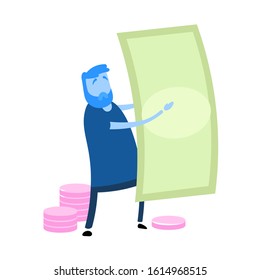Cartoon man and money. Cartoon design icon. Flat vector illustration. Isolated on white background.