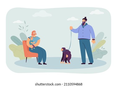 Hombre de caricatura con mono con correa junto a la madre con su bebé. Mujer mirando mascota exótica, contacto zoo ilustración plana vectorial. Concepto de familia, animales salvajes para banner, diseño de sitios web o página de aterrizaje