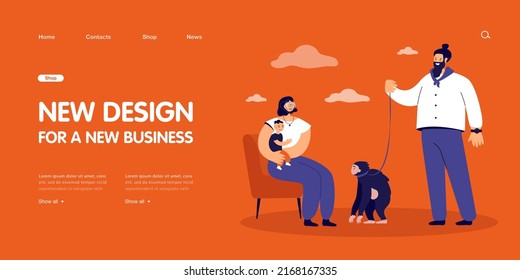 Cartoon man with monkey on leash next to mother with baby. Woman looking at exotic pet, contact zoo flat vector illustration. Family, wild animals concept for banner, website design or landing page