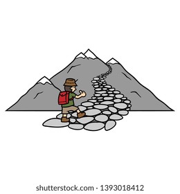 Cartoon Man Mountain Hiking Illustration