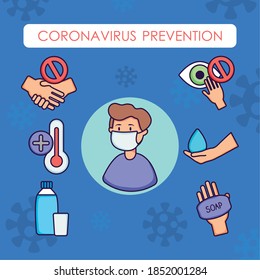 cartoon man with mouth mask and coronavirus prevention icon set over blue background, flat style, vector illustration