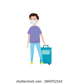 cartoon man with mouth mask and travel suitcase over white background, flat style, vector illustration