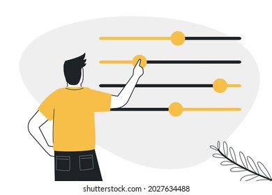 Cartoon man moves different sliders. Guy adjusts various parameters. Concept of custom settings. Male user customize settings. System adjust, control panel. Back view. Change color.Vector illustration