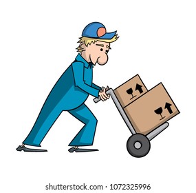 Cartoon man moving boxes with a trolley