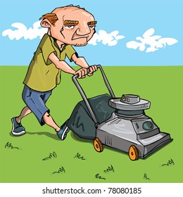 Cartoon Man Mowing His Lawn. Grass And Blue Sky Behind