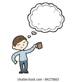 cartoon man with mug of coffee and thought bubble