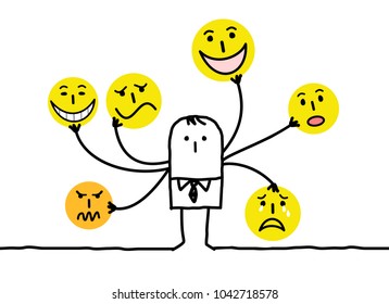 Cartoon Man with Multi Emoticon Faces