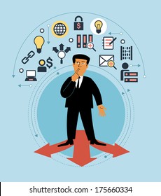 Cartoon man with multiple arrow paths and business icons. The concept of choice business strategy. Which path to take. Person standing on  arrows.