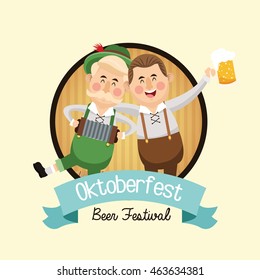 cartoon man mustache beer festival oktoberfest germany icon. Colorfull and seal stamp with ribbon illustration. Vector graphic