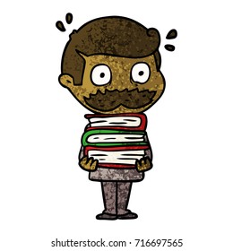cartoon man with mustache and books