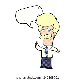 cartoon man with mustache explaining with speech bubble
