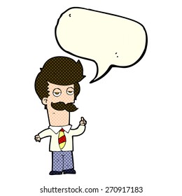 cartoon man with mustache explaining with speech bubble