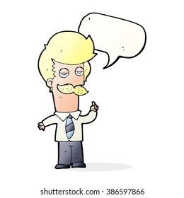 cartoon man with mustache explaining with speech bubble