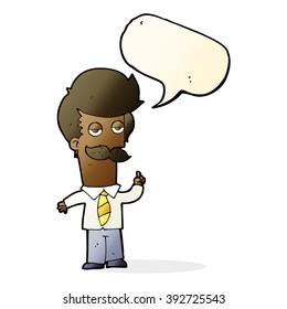 cartoon man with mustache explaining with speech bubble