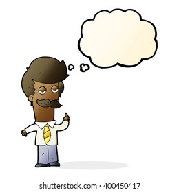 cartoon man with mustache explaining with thought bubble