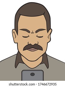 A cartoon man with a mustache is frowning at his cell phone