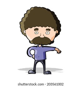 cartoon man with mustache making camp gesture