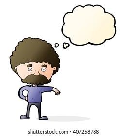 cartoon man with mustache making camp gesture with thought bubble