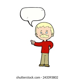 cartoon man with mustache pointing with speech bubble