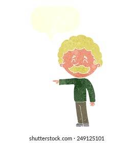 cartoon man with mustache pointing with speech bubble