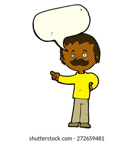 caricaturista con bigote apuntando con burbuja de habla
