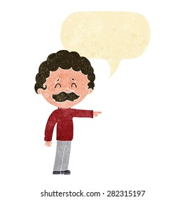 cartoon man with mustache pointing with speech bubble