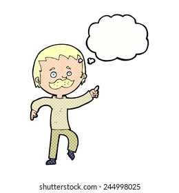cartoon man with mustache pointing with thought bubble