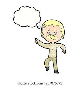 caricaturista con bigote apuntando con burbuja de pensamiento