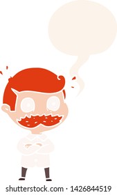 cartoon man with mustache shocked with speech bubble in retro style