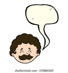 cartoon man with mustache with speech bubble