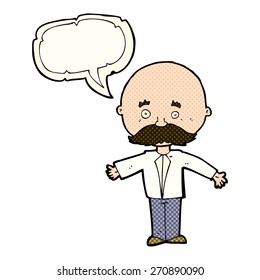 cartoon man with mustache with speech bubble