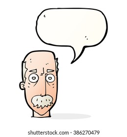 cartoon man with mustache with speech bubble
