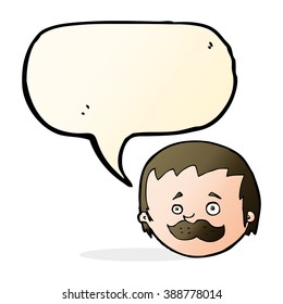 cartoon man with mustache with speech bubble