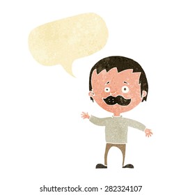 cartoon man with mustache waving with speech bubble