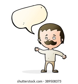 cartoon man with mustache waving with speech bubble
