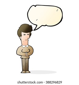 cartoon man narrowing his eyes with speech bubble