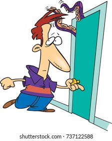 cartoon man nervously about to open a door that tentacles are coming out of