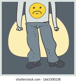 a cartoon man with no head, standing up alone and wears t-shirt that includes smiley icon. 