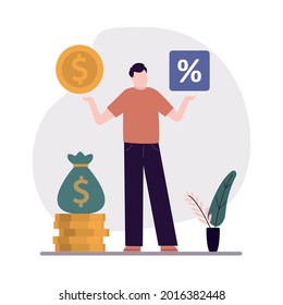 Cartoon man offers money at interest. Good interest rate percentage. Loan lending or disbursement and personal loans. Bank credit and finance management. Credit program concept. Vector illustration