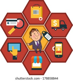 Cartoon man on the background of e-commerce icons. Business concept.
