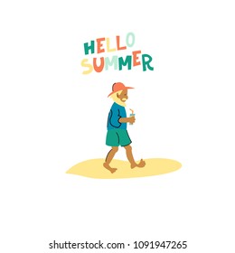 Cartoon man on the beach. Vector illustration. Summer fun print.