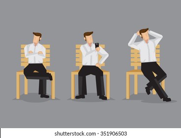 Cartoon man on a bench in relaxed sitting positions, cross-legged with folded arms, taking selfie with hand phone and hands behind head. Set of three vector illustrations isolated on grey background.