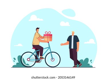 Cartoon man on bicycle delivering gift to customer or boyfriend. Male character giving gift box to guy flat vector illustration. Relationship, romance, birthday or delivery service concept for banner