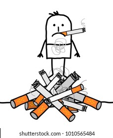 Cartoon Man on a Big Pile of Cigarettes