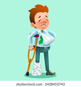 cartoon man on crutches with broken leg and arm on a mint background. vector illustration. walking with crutches having gypsum bandage