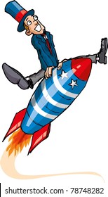 Cartoon man on a flying rocket. isolated on white