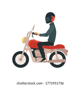 Cartoon Man On Red Motorcycle Seen From Side View, Isolated Rider In Black Helmet Sitting On Motorbike.