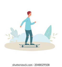 Cartoon man on skateboard riding through summer park - male skateboarder smiling and skateboarding isolated on white background. Flat vector illustration.