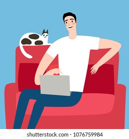 Cartoon man on sofa using computer. Internet illustration for your design.