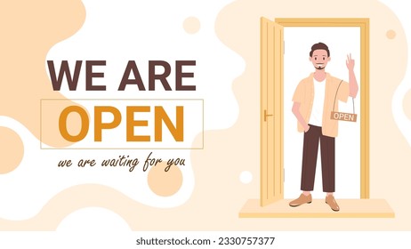 Cartoon man opening store or cafe door for clients with sign open in hands, reopening and restart small business poster with line geometric design. We are open banner template vector illustration